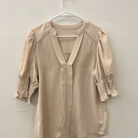 Cream Button up with Ruched Sleeves - Picture 2 of 4